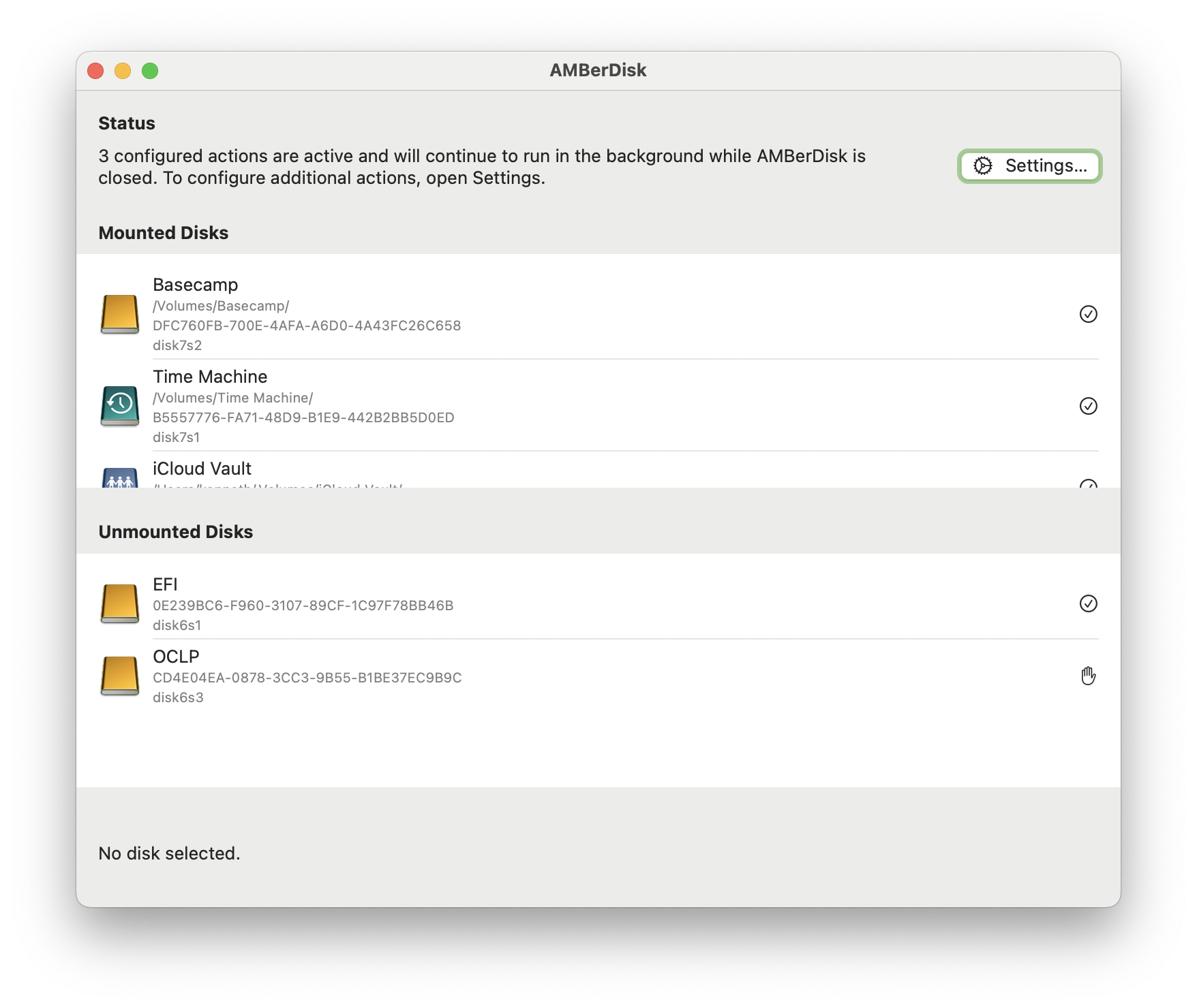 AMBerDisk main interface, showing a list of mounted disks and unmounted disks