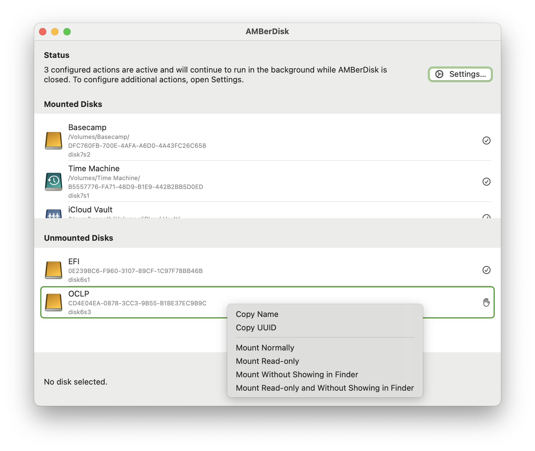 AMBerDisk main interface, showing a list of mounted disks and unmounted disks, with the right click menu for one of the unmounted disks showing options to copy the name, UUID, or mount it