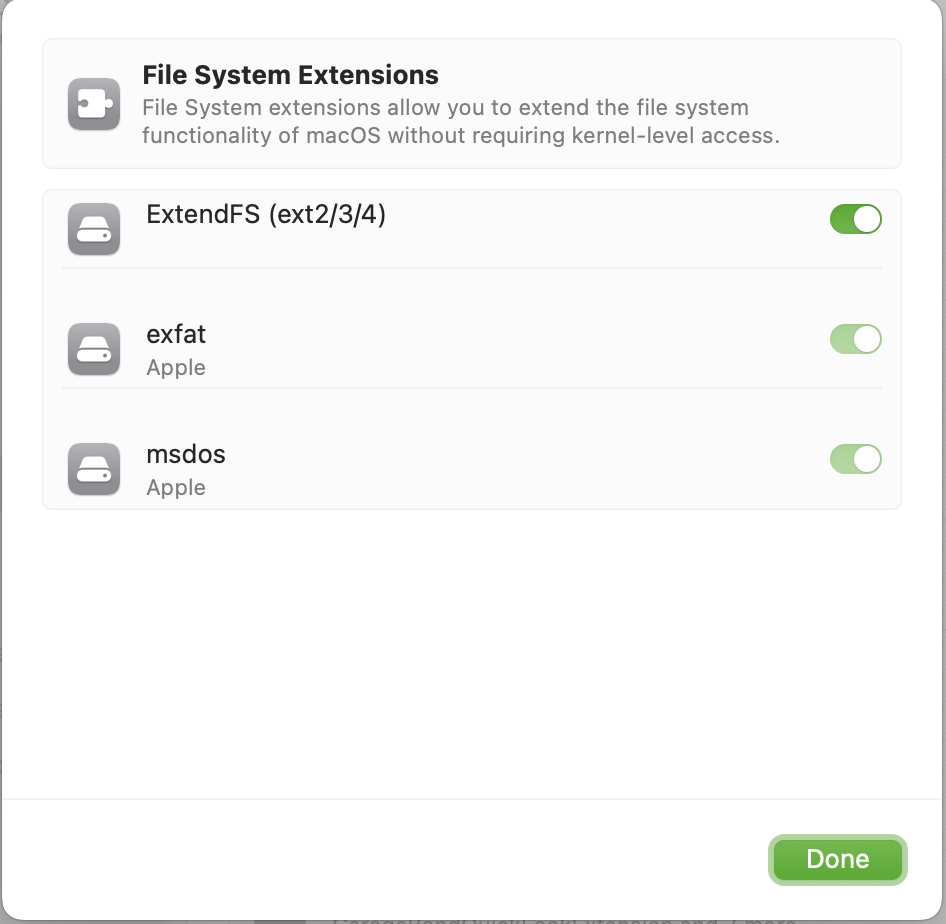 macOS System Settings screenshot showing the File System Extensions pane in Login Items & Extensions with 'ExtendFS (ext2/3/4)' enabled