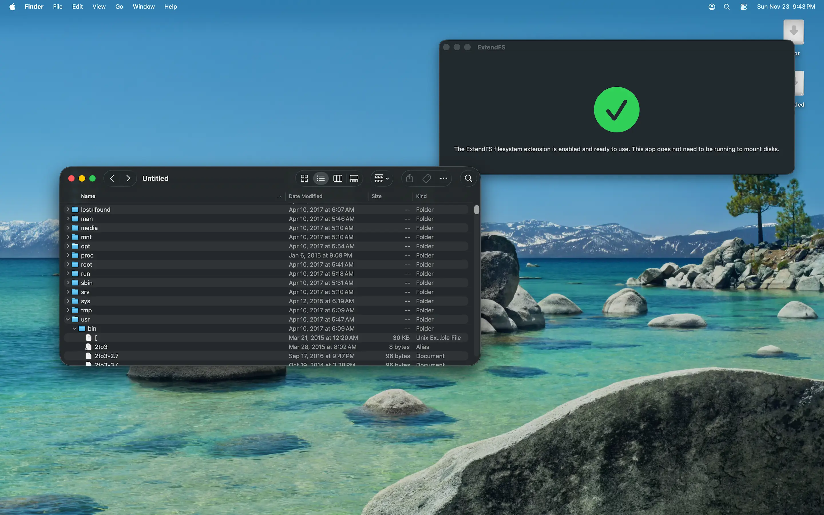 A Finder window with a ext4 drive opened to the root directory of a typical Linux installation. An ExtendFS window is open in the background that confirms the file system extension is enabled.